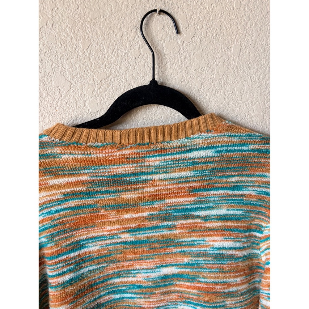 Vintage Fashion Womens Space Dye Knit XS Sweater Tan‎ Teal Crew Neck Ribbed Trim - Picture 11 of 11